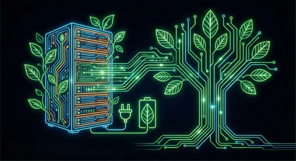 Klimaneutrales Highspeed-Hosting: Kombination aus technischer Spitzenleistung und strengen Umweltstandards für nachhaltigen digitalen Erfolg.